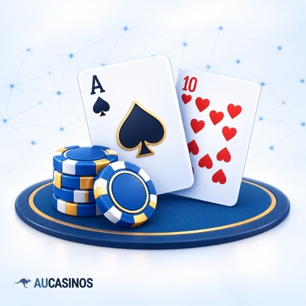 Blackjack cards and chips on a blue casino table