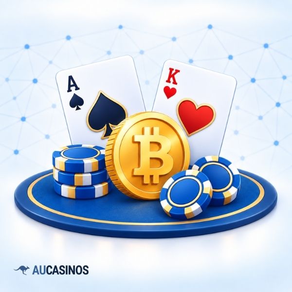 Crypto poker with Bitcoin, playing cards and casino chips