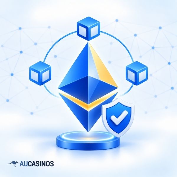 Ethereum casino payments with ETH and blockchain symbols
