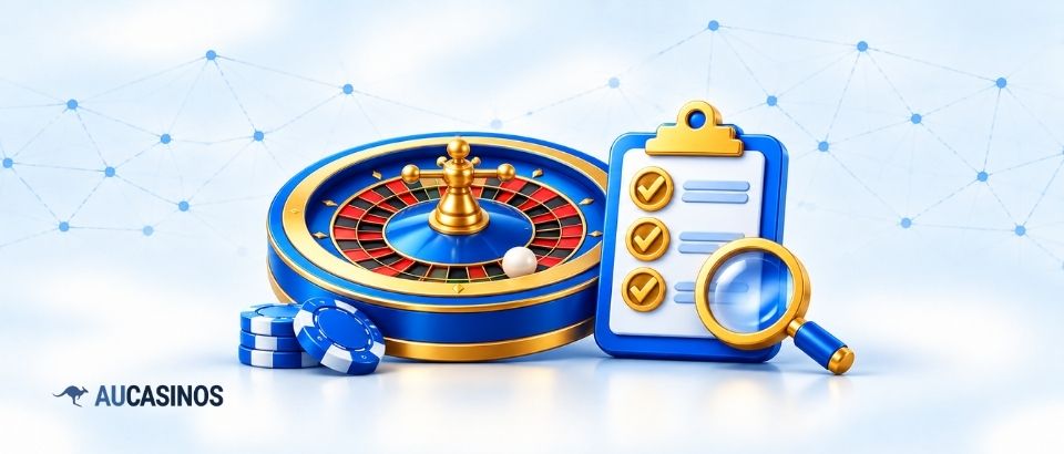 Roulette wheel beside a review checklist and magnifying glass