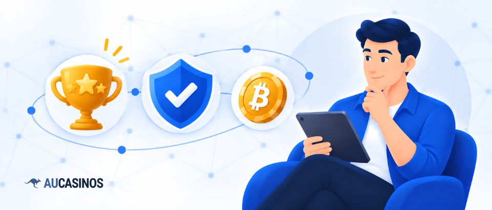 Crypto casino ranking with trophy, security shield and Bitcoin at best aucasinos
