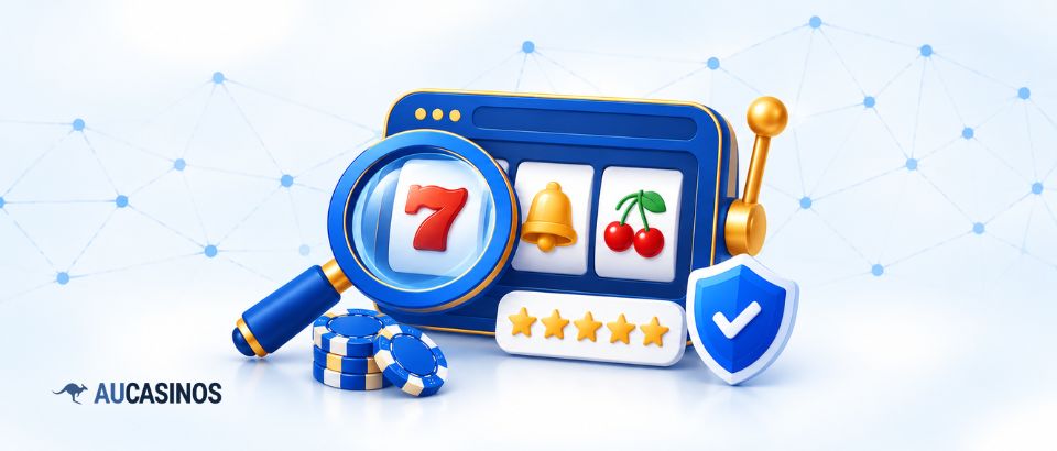 Casino game rating with slot machine, magnifying glass