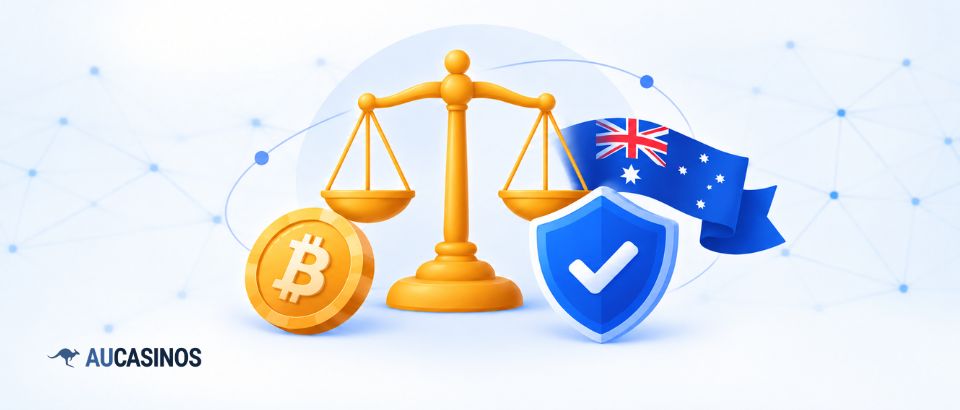 Australian crypto gambling legality with scales, flag and Bitcoin