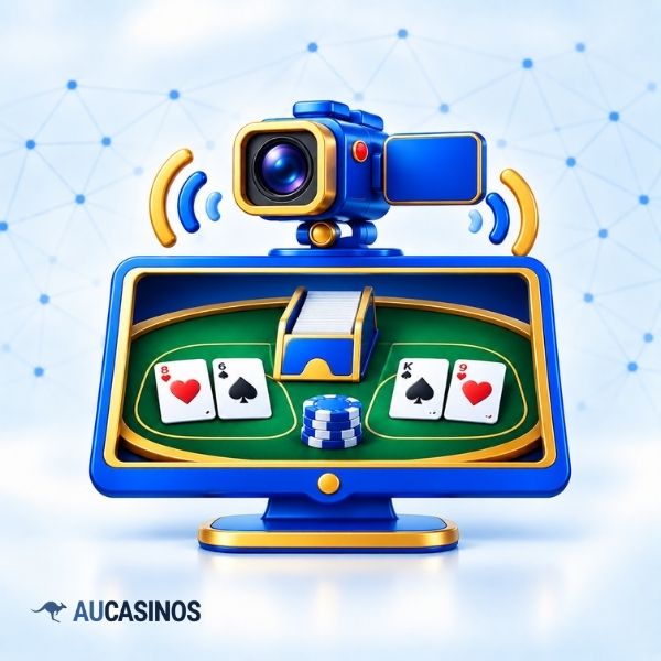 Live baccarat cards and chips on a video screen