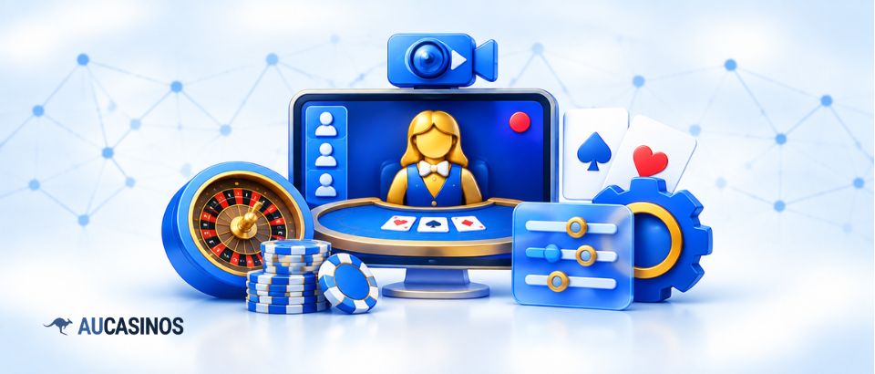 Live casino technology featuring a dealer, gaming table, cards, roulette, and settings controls.