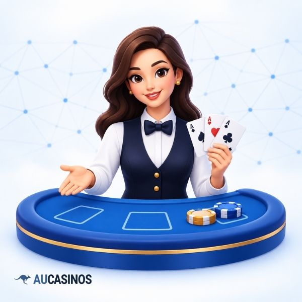Live casino dealer holding cards at a gaming table