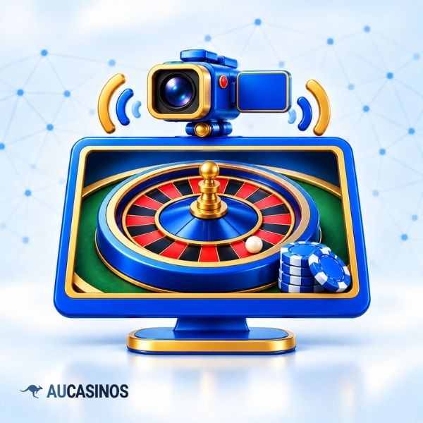 Roulette wheel on a screen beneath a streaming camera