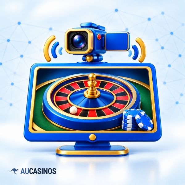 Roulette wheel and chips on a live video screen