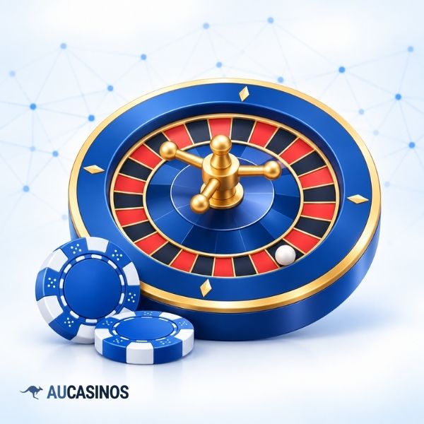 Roulette wheel with a ball and blue casino chips