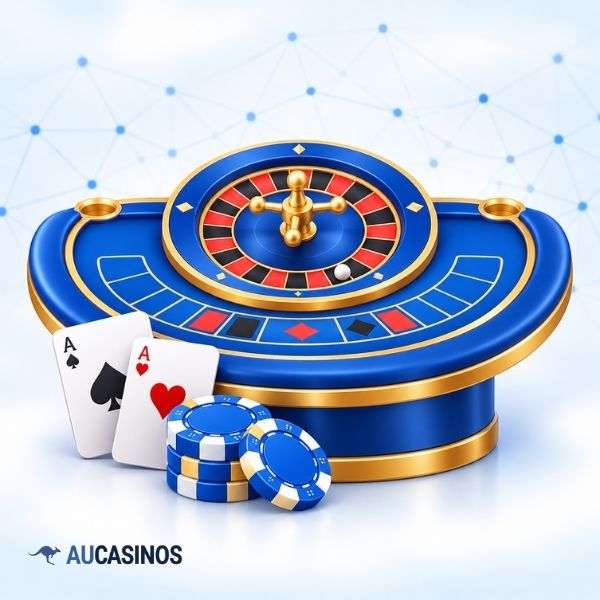 Classic casino table games with roulette, cards and chips