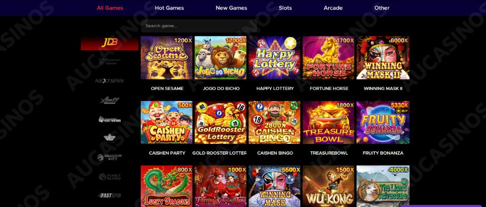 LV55 game catalogue with slots and arcade games