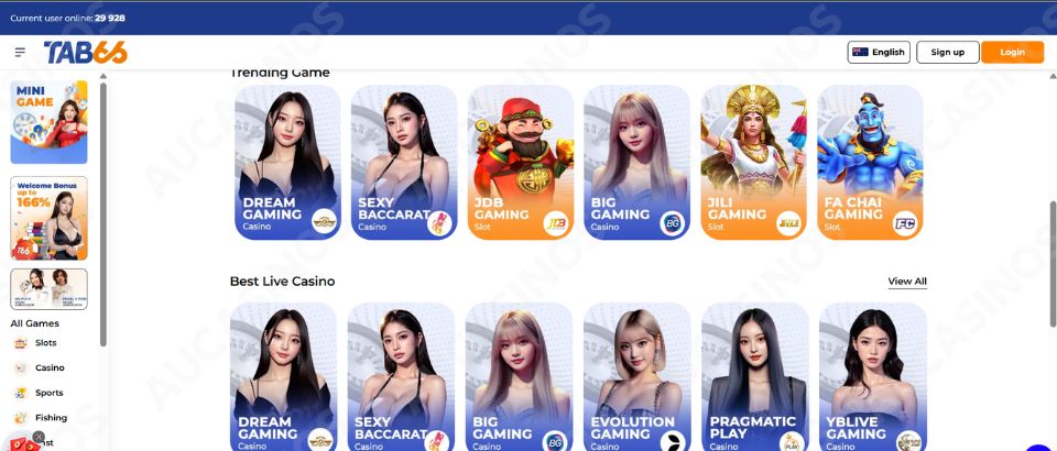 TAB66 casino game categories and live games
