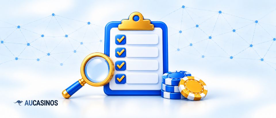 Minimum deposit casino checklist with chips and magnifying glass