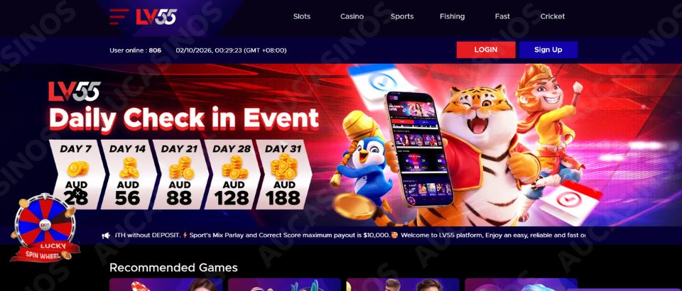 LV55 homepage with a daily check-in promotion