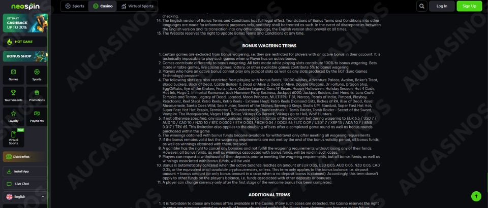 Neospin bonus wagering terms