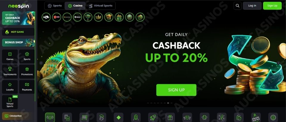 Neospin homepage with a cashback banner