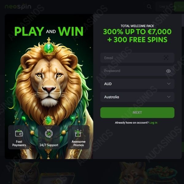 Neospin welcome offer beside a registration form