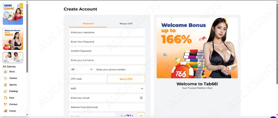 TAB66 account registration form