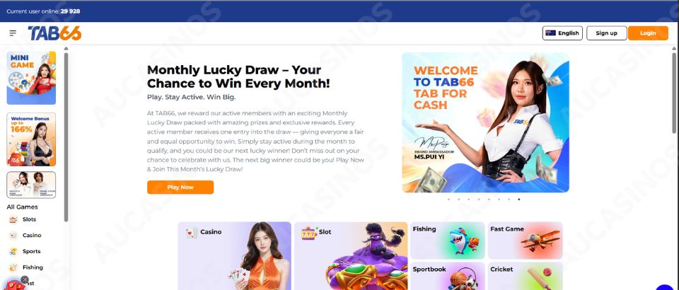 TAB66 homepage with casino and sports categories