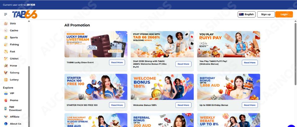 TAB66 promotions page with bonus offers