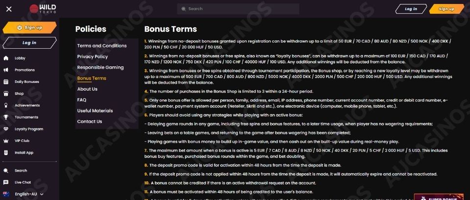 Wild Tokyo bonus terms page